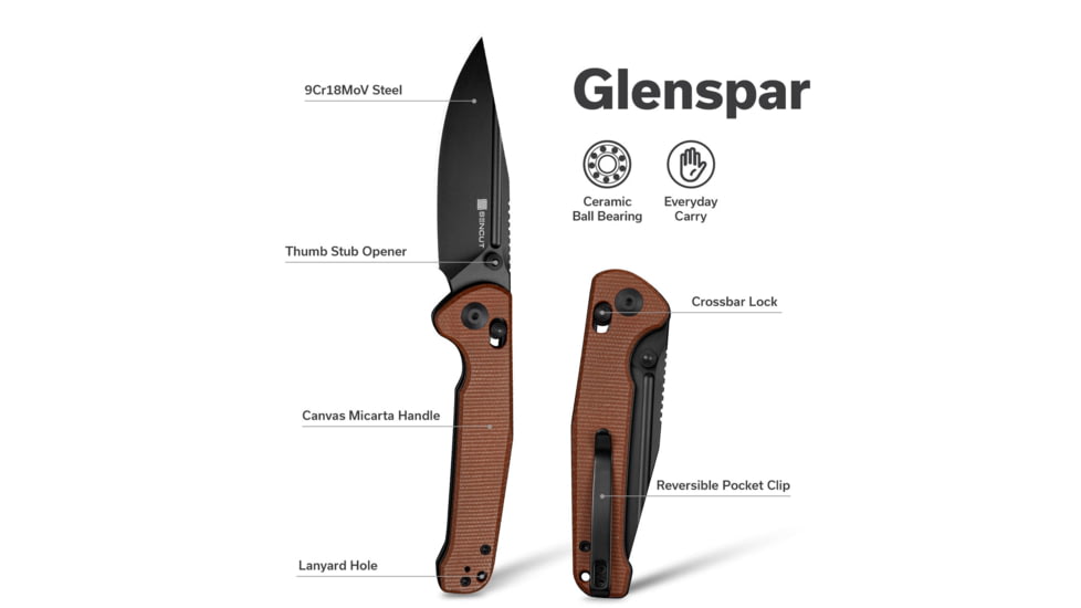 SENCUT Glenspar Thumb Stud &amp; Crossbar Lock Knife Brown Canvas Micarta Handle 3.45inch Black 9cr18mov Blade