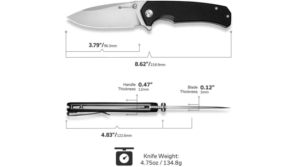 SENCUT Skarnax Flipper/thumb Stud Folding Knife 3.79inch Satin 9cr18mov Drop Point Plain Edge Blade, Black G10 Handle - S24025-1