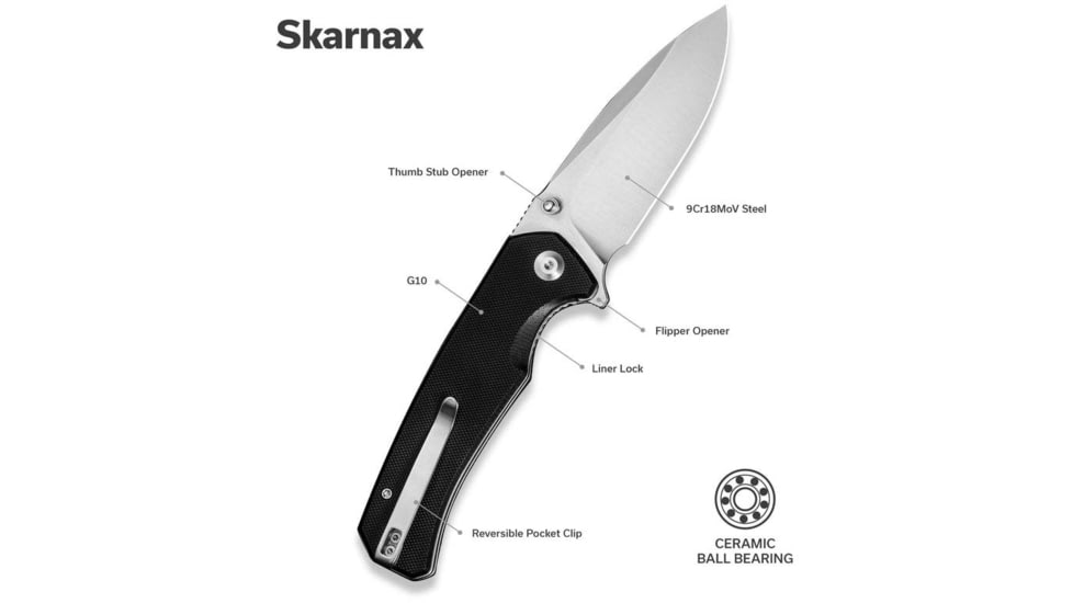 SENCUT Skarnax Flipper/thumb Stud Folding Knife 3.79inch Satin 9cr18mov Drop Point Plain Edge Blade, Black G10 Handle - S24025-1