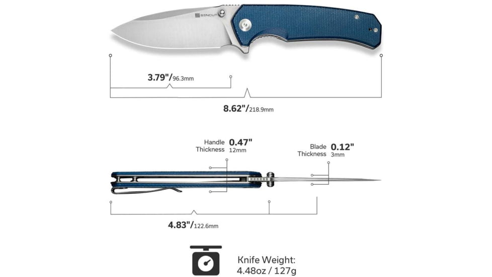 SENCUT Skarnax Flipper/thumb Stud Folding Knife 3.79inch Satin 9cr18mov Drop Point Plain Edge Blade, Blue Canvas Micarta Handle - S24025-3