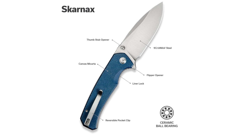 SENCUT Skarnax Flipper/thumb Stud Folding Knife 3.79inch Satin 9cr18mov Drop Point Plain Edge Blade, Blue Canvas Micarta Handle - S24025-3