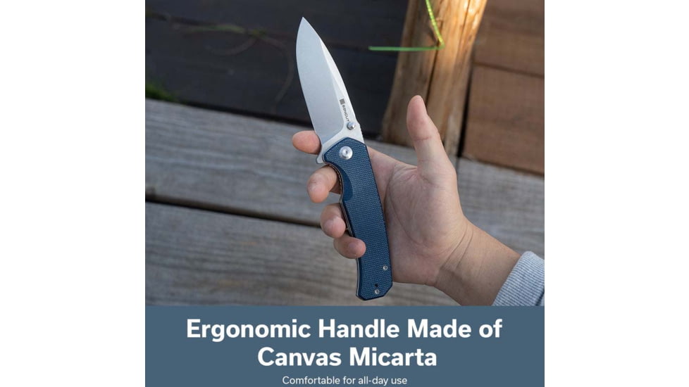 SENCUT Skarnax Flipper/thumb Stud Folding Knife 3.79inch Satin 9cr18mov Drop Point Plain Edge Blade, Blue Canvas Micarta Handle - S24025-3