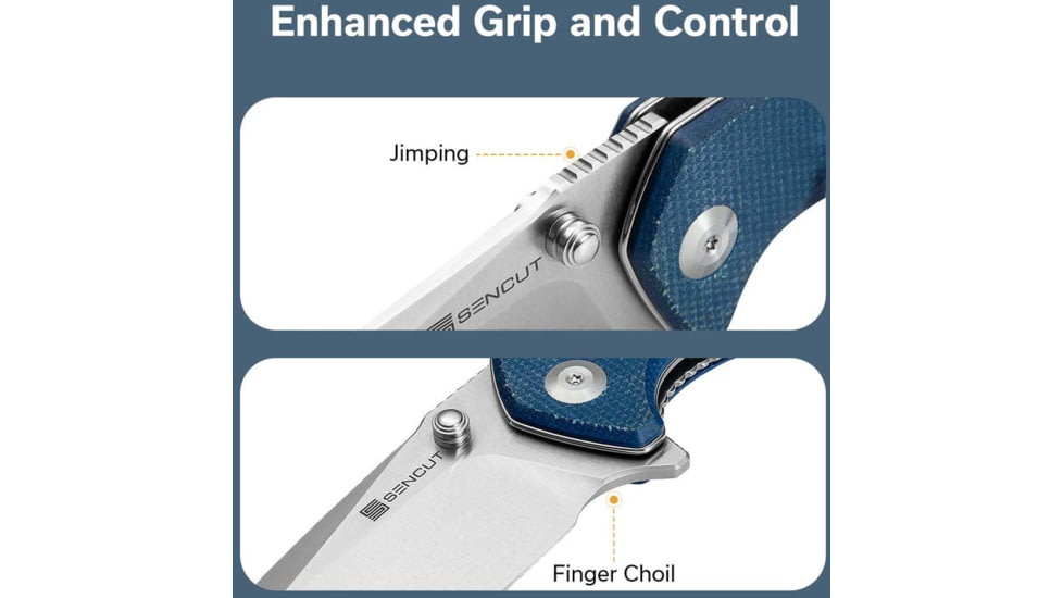 SENCUT Skarnax Flipper/thumb Stud Folding Knife 3.79inch Satin 9cr18mov Drop Point Plain Edge Blade, Blue Canvas Micarta Handle - S24025-3