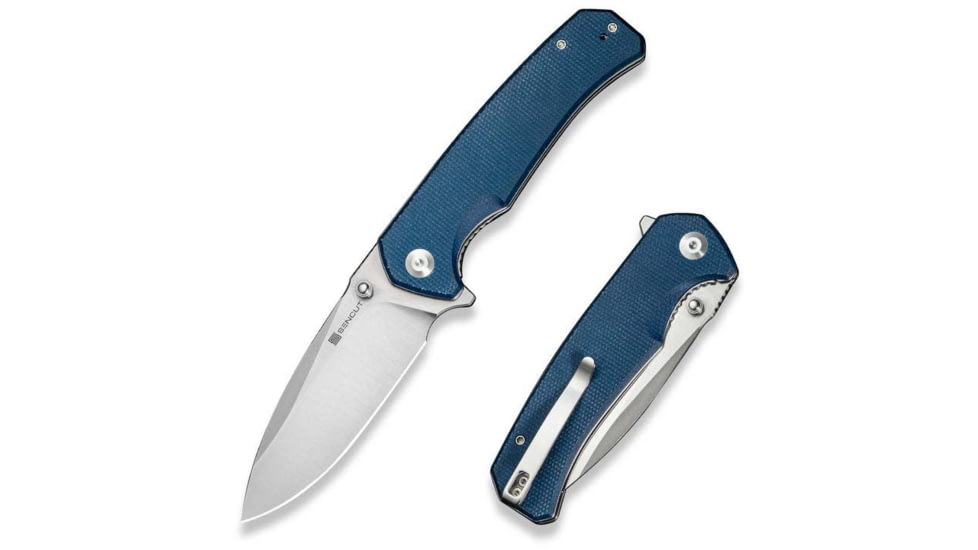SENCUT Skarnax Flipper/thumb Stud Folding Knife 3.79inch Satin 9cr18mov Drop Point Plain Edge Blade, Blue Canvas Micarta Handle - S24025-3