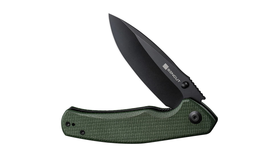 SENCUT Slashkin Micarta Folding Knife, 4.5in Closed, 3.5in Black Stonewash D2 Tool Steel Blade, Green Canvas Micarta Handle, Black Nylon Belt Sheath, S20066-3