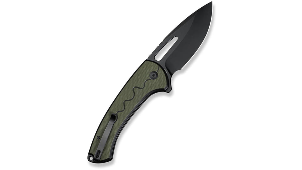SENCUT Squiggy Flipper &amp; Thumb Hole &amp; Button Lock Knife Black / Green G10 Handle - S24082A-2