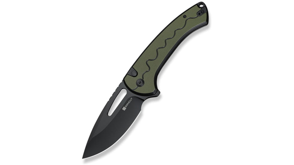 SENCUT Squiggy Flipper &amp; Thumb Hole &amp; Button Lock Knife Black / Green G10 Handle - S24082A-2