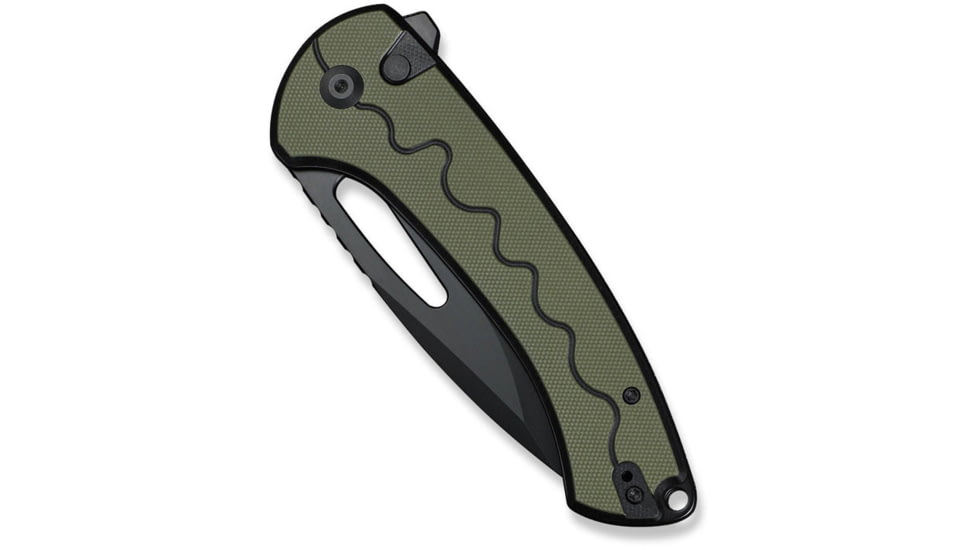 SENCUT Squiggy Flipper &amp; Thumb Hole &amp; Button Lock Knife Black / Green G10 Handle - S24082A-2