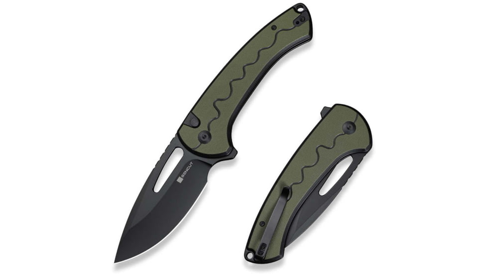 SENCUT Squiggy Flipper &amp; Thumb Hole &amp; Button Lock Knife Black / Green G10 Handle - S24082A-2