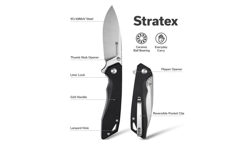 SENCUT Stratex Flipper &amp; Thumb Stud Knife Black G10 Handle 3.17inch Satin Finished 9cr18mov Blade