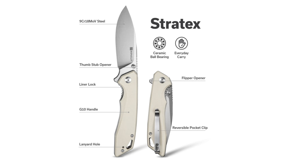 SENCUT Stratex Flipper &amp; Thumb Stud Knife Ivory G10 Handle 3.17inch Satin Finished 9cr18mov Blade