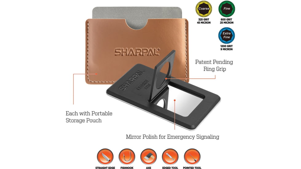 Sharpal Credit Card Diamond Stone Set, Grit Extra Fine L Fine L Coarse, Credit Card Size, Ring Grip Holding, Mirror Polished On Rear Side For Emergency Signaling, Leather Slip Pouch For Each, 116N