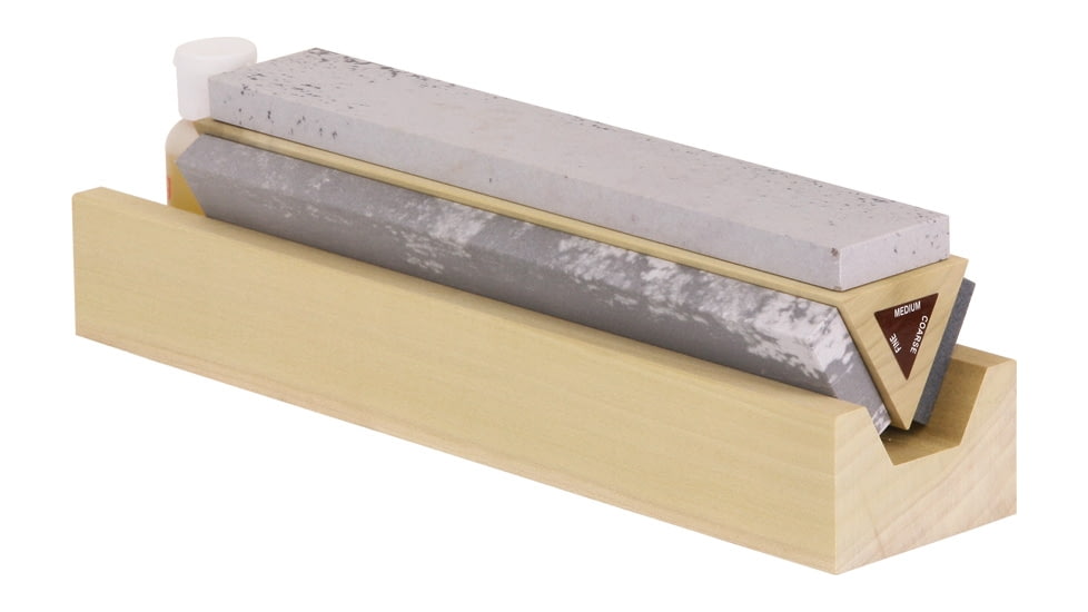 Sharpener Tri Hone 10 in, Sharpening Stones Measure 10in X 1 5/8in X 1/2in, Fine, Medium And Coarse Grits, Wooden Rotating Block, 1 Fl, Oz, Honing Oil And A Black Composition 23 Sharpening Guide, TRI10