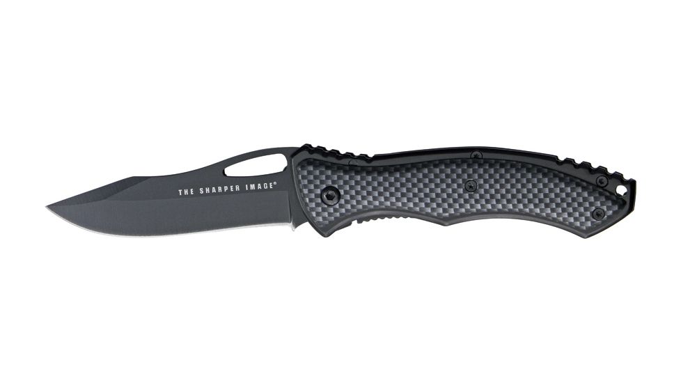 Sharper Image Thrust Fold Knife, 440C stainless PVD black coated modified clip poin, black checkered carbon fiber handle TSIK2