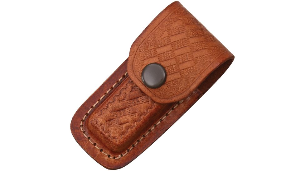 Sheath Folding Knife Sheath, Brown leather w/ embossed basketweave, 3-3.5in closed SH1130