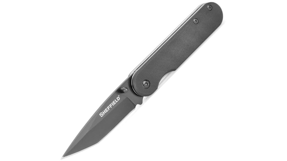 Sheffield Normandy Linerlock A/O Folding Knife, 3.5in Closed, 2.5in Black Oxide Coated 420 SS Tanto Blade, Black Textured G10 Handle, Thumb Stud, Pocket Clip, Black, 12163