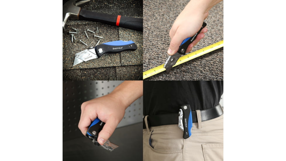 Sheffield Quick Change Lock Back Utility Folding Knife, 4in, ABS Handle, Blue, 12119