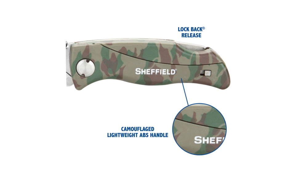 Sheffield Quick Change Lock Back Utility Folding Knife, 6.5in, ABS Handle, Camo, 12131