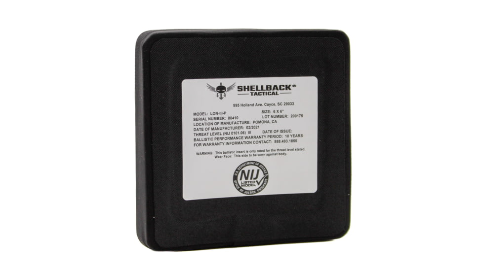 Shellback Tactical Prevail Series Lightweight Level III Hard Armor Side Plate, 6x6 in, Black, SBT-LON-III-P-6-6-BK