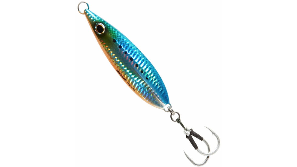 Shimano Butterfly Flat-Fall Jig, 100g Mid-Column, 2 3/0 Assist Hooks, Sinking, Blue/Sardine, 92mm, BFLFF100BS
