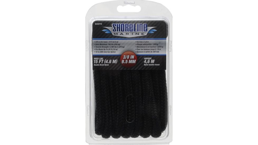 Shoreline Marine Double Braided Nylon Dock Line,.375inx15ft,Black 065209
