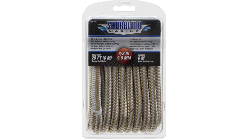 Shoreline Marine Double Braided Nylon Dock Line,.375inx20ft,Gold/White 059140