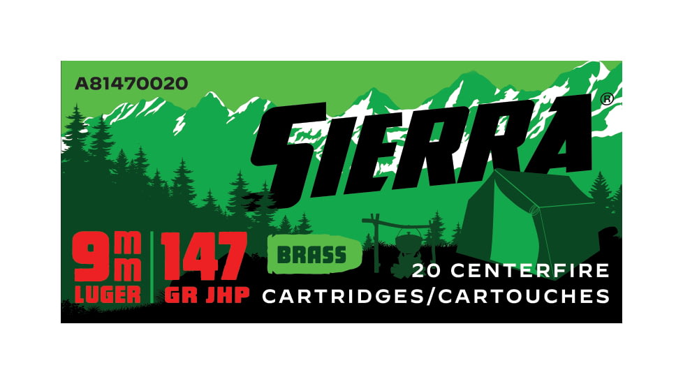 Sierra Bullets Outdoor Master 9mm Luger 147 Grain Jacketed Hollow Point Flat Brass Rifle Ammo, 20 Rounds, A81470020