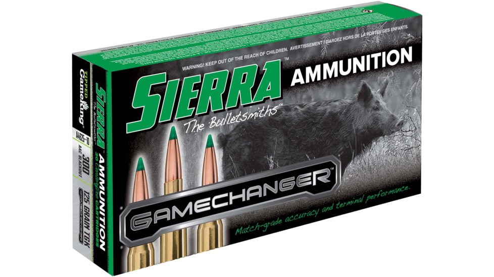 Sierra Bullets GameChanger Rifle Ammo, .300 AAC Blackout, Sierra Bullets Tipped GameKing, 125 Grain, 20 Rounds, A4625--10