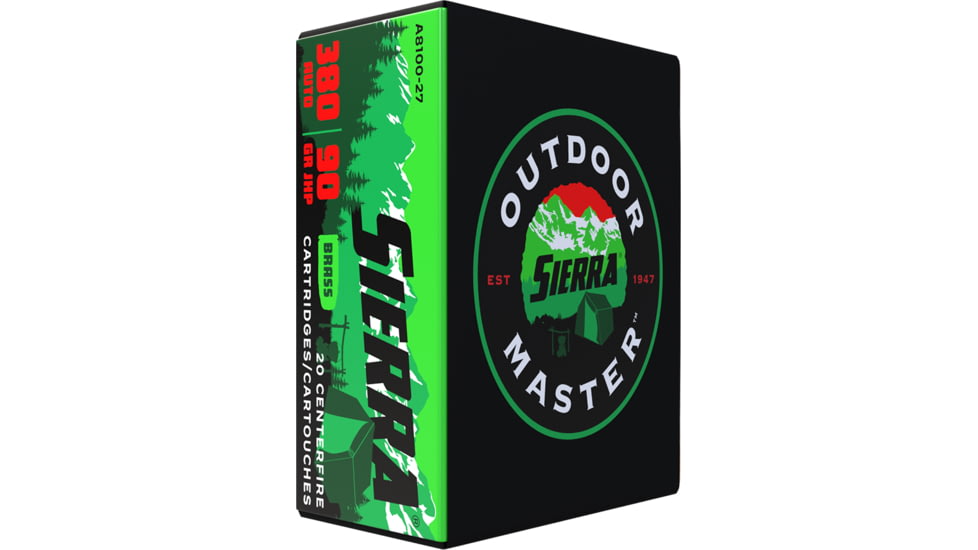 Sierra Bullets Outdoor Master 380 Auto, 90 Grain, Jacketed Hollow Point/JHP, Brass Cased, Centerfire Pistol Ammo, 20 Rounds, A8100-27