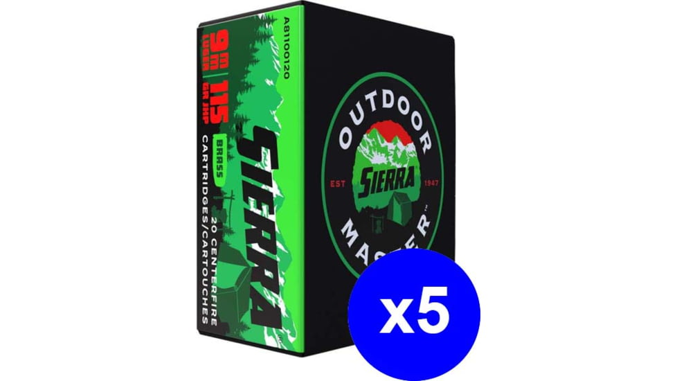 Sierra Bullets Outdoor Master, 9mm Luger, 115 gr., Jacketed Hollow Point/JHP, Brass Cased Rifle Ammo, 100 Rounds