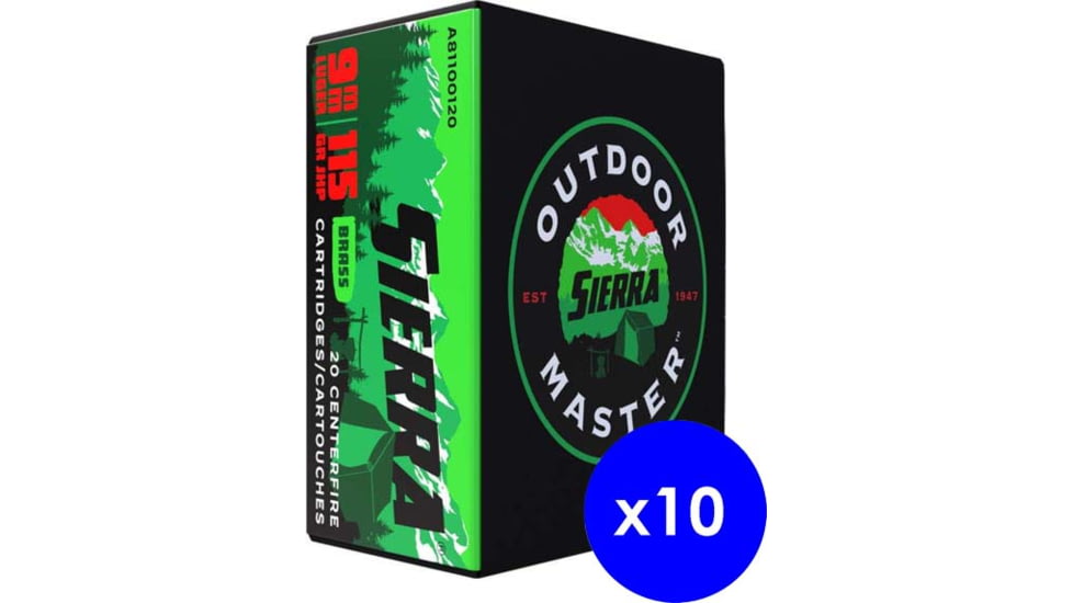 Sierra Bullets Outdoor Master, 9mm Luger, 115 gr., Jacketed Hollow Point/JHP, Brass Cased Rifle Ammo, 200 Rounds
