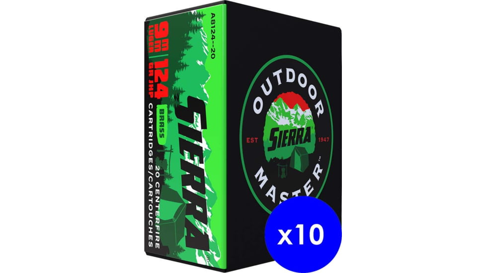 Sierra Bullets Outdoor Master 9mm Luger 124 Grain Jacketed Hollow Point Brass Cased Centerfire Pistol Ammo, 200 Rounds, A8124-20