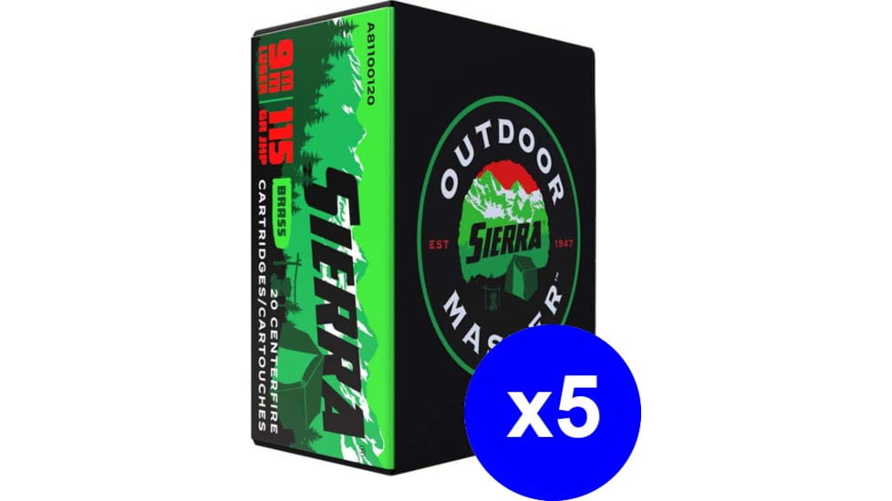 Sierra Bullets Outdoor Master 9mm Luger 124 Grain Jacketed Hollow Point Brass Cased Centerfire Pistol Ammo, 100 Rounds