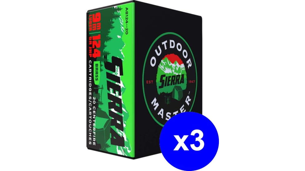Sierra Bullets Outdoor Master 9mm Luger 124 Grain Jacketed Hollow Point Brass Cased Centerfire Pistol Ammo, 60 Rounds