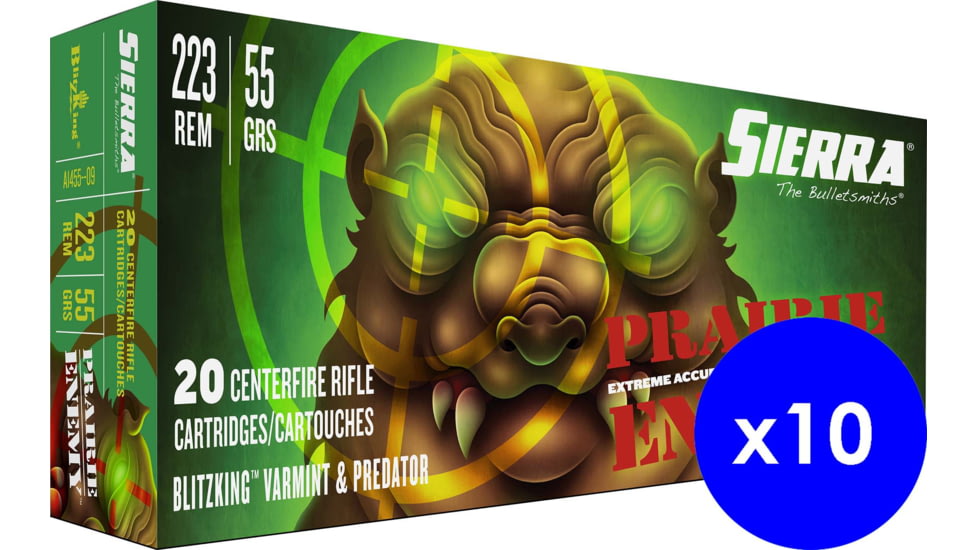 Sierra Bullets Prairie Enemy, .223 Remington, 55 grain, Sierra Bullets BlitzKing, Centerfire Rifle Ammo, 200 Rounds, A1455-09