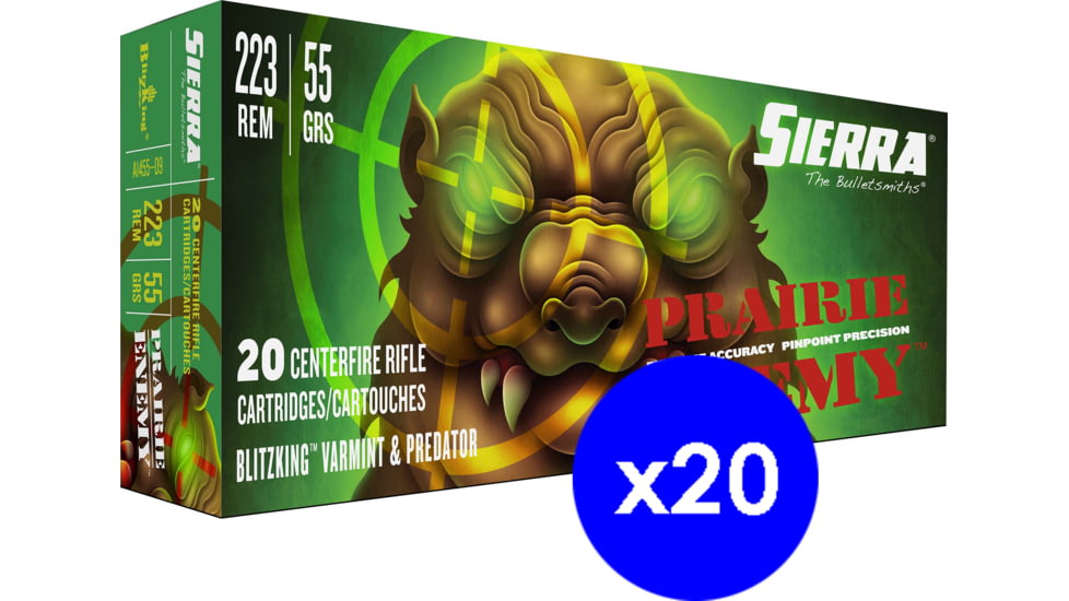 Sierra Bullets Prairie Enemy .223 Remington 55 grain Sierra Bullets BlitzKing Centerfire Rifle Ammo, 400 Rounds