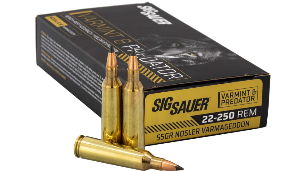 SIG SAUER .22-250 Remington 55 Grain Nosler Varmageddon Brass Cased Rifle Ammo, 20 Rounds, C22250VP55-20