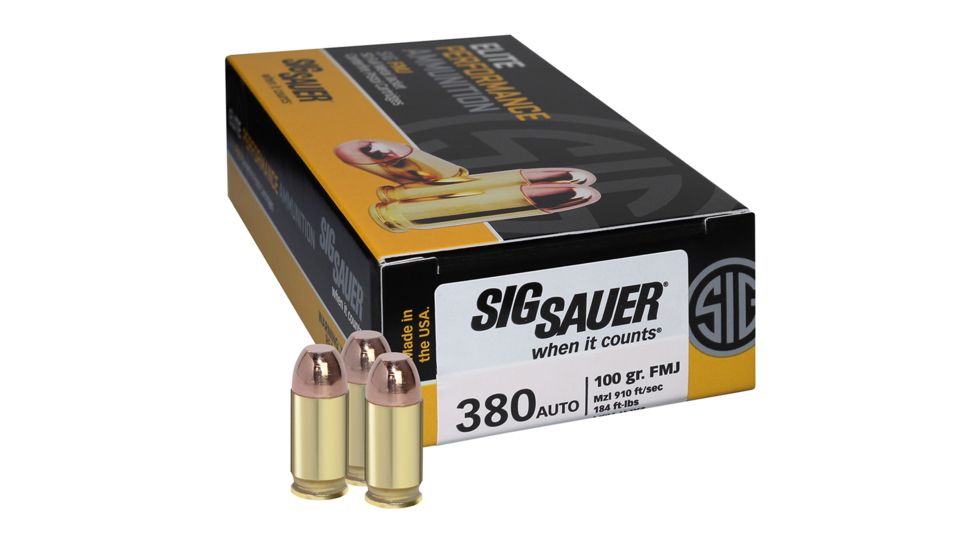SIG SAUER Elite Performance .380 ACP 100 Grain Full Metal Jacket Brass Cased Centerfire Pistol Ammo, 50 Rounds, E380B1-50