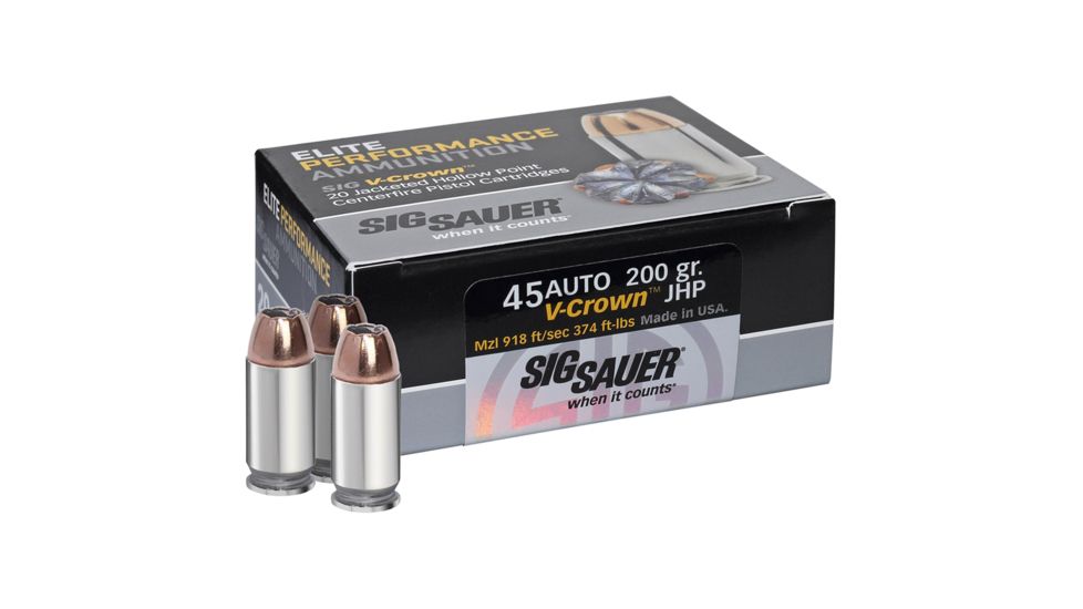 SIG SAUER V-Crown .45 ACP 230 Grain Jacketed Hollow Point Brass Cased Centerfire Pistol Ammo, 20 Rounds, E45AP2-20