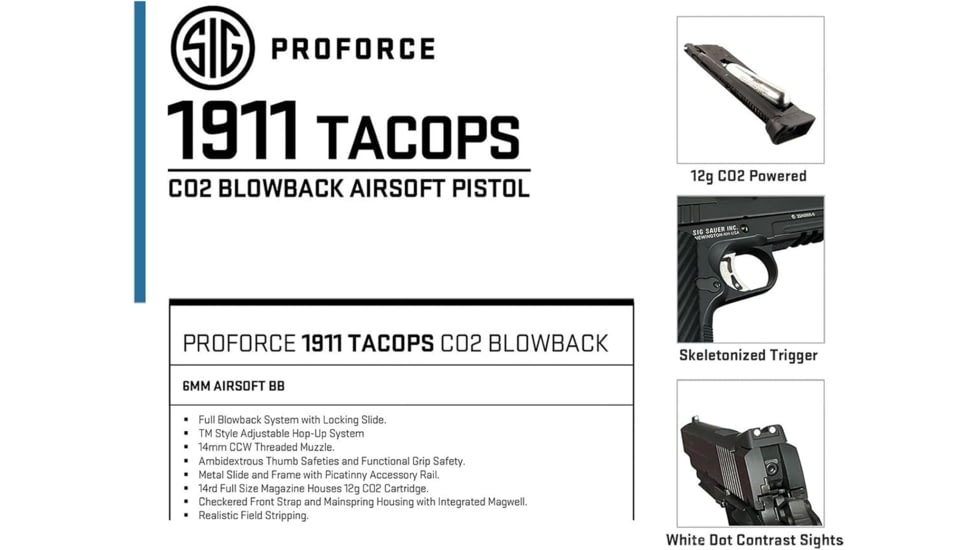 SIG SAUER Airsoft Proforce 1911 TACOPS, 6mm, CO2 Pistol, Black, AIR-PF-1911TAC