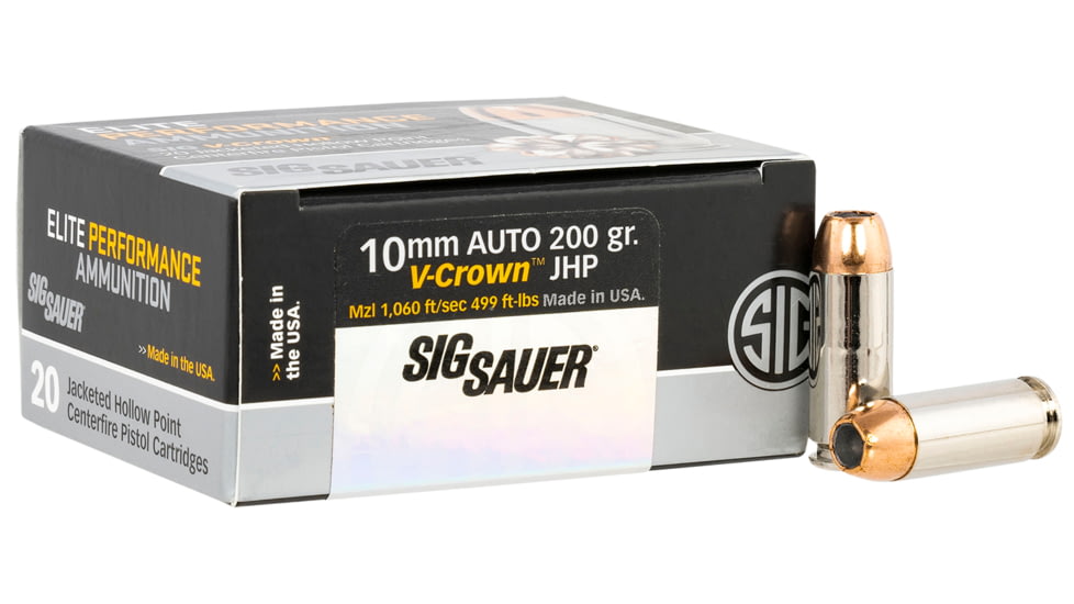 SIG SAUER Elite V-Crown 10mm Auto 200 Grain Jacketed Hollow Point Brass Cased Centerfire Pistol Ammo, 20 Rounds, E10MM200-20