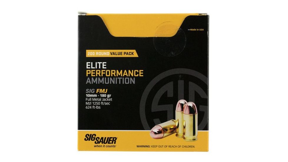 SIG SAUER Elite Ball Pistol Ammunition, 10mm Auto, 180 grain, Full Metal Jacket, 200 Rounds/ Box, Brass, E10MB1-200