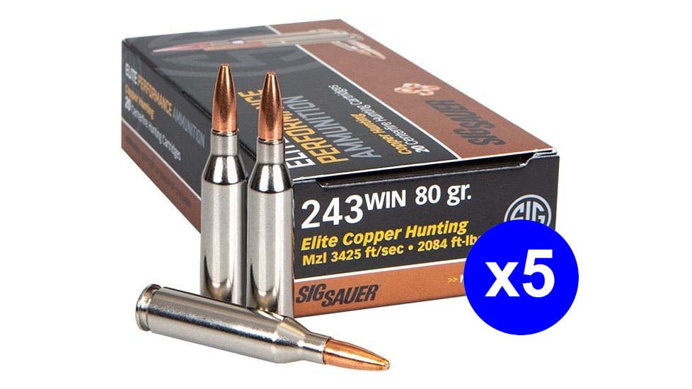 SIG SAUER Elite Copper Hunting Rifle Ammo .243 Winchester 80 grain Hunting Tipped Brass Cased Centerfire Rifle Ammo