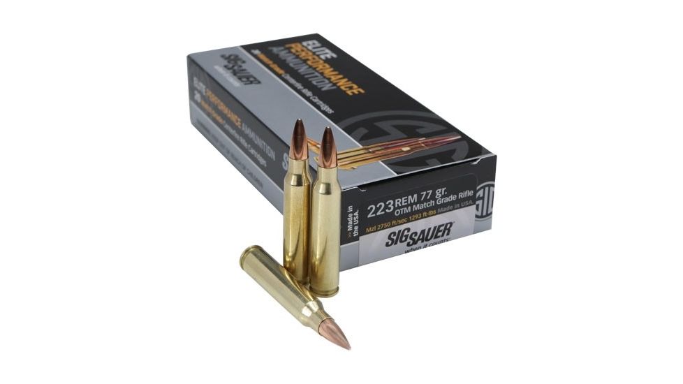 SIG SAUER Elite Match Grade Rifle Ammunition, .223 Remington, 77 grain, Open Tip Match, 20 Rounds/ Box, Brass, E223M1-20
