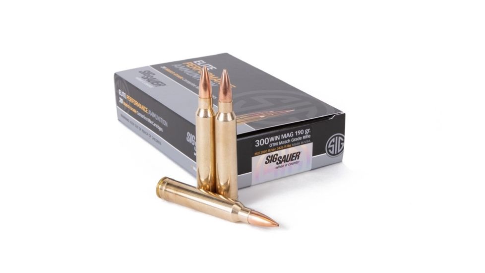 SIG SAUER Elite Match Grade Rifle Ammo, .300 Winchester Magnum, 190 grain, Open Tip Match, 20 Rounds/ Box, Brass, E3WMM1-20
