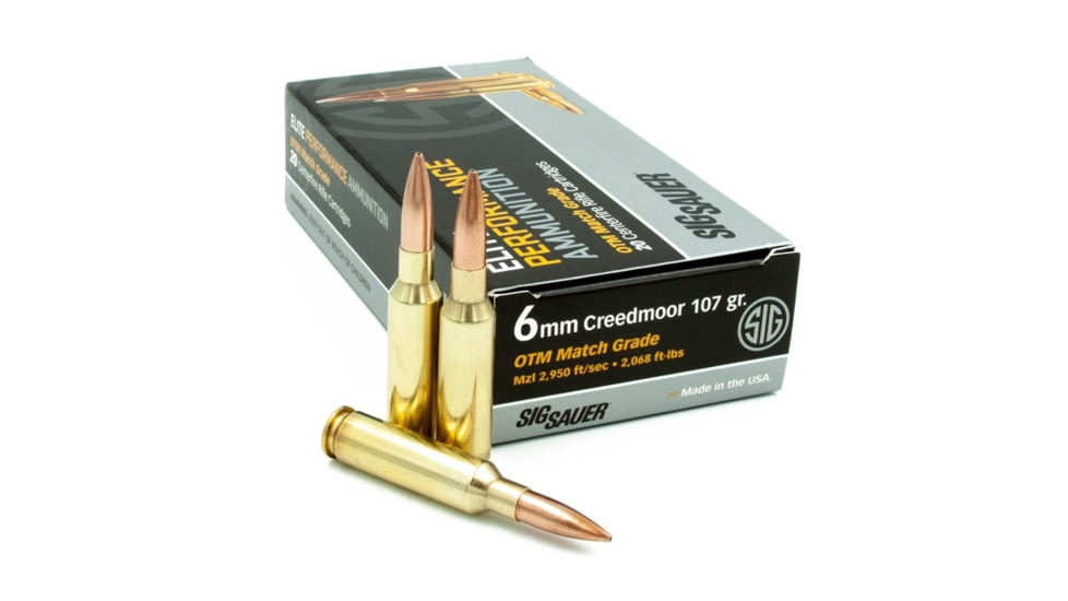 SIG SAUER Elite Match Grade Rifle Ammo, 6mm Creedmoor, 107 grain, Open Tip Match, 20 Rounds/ Box, Brass, E6MMCM2-20