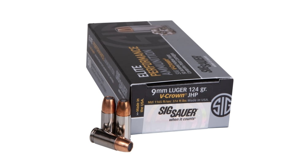 SIG SAUER Elite V-Crown 9mm Luger +P 124 Grain Jacketed Hollow Point Nickel-Plated Brass Centerfire Pistol Ammo, 50 Rounds, E9MMA2P-LE-50