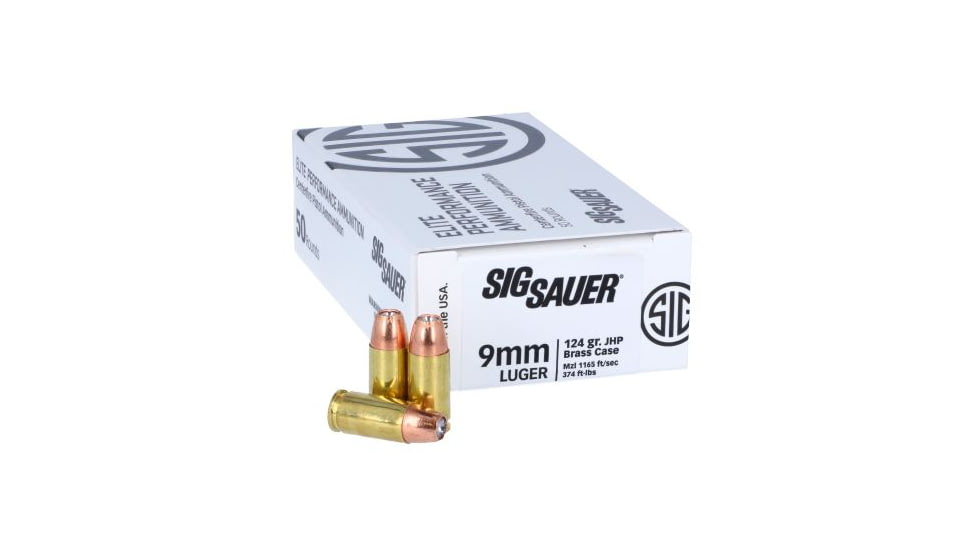 SIG SAUER Elite V-Crown 9 mm Luger 124 Grain Jacketed Hollow Point Brass Cased Pistol Ammo, 50 Rounds, E9 mmJHP124-50