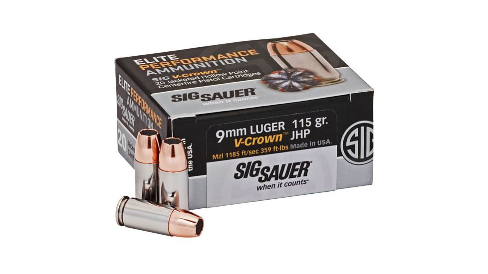 SIG SAUER Elite V-Crown 9mm Luger 115 Grain Jacketed Hollow Point Brass Cased Centerfire Pistol Ammo, 20 Rounds, E9 mmA1-20