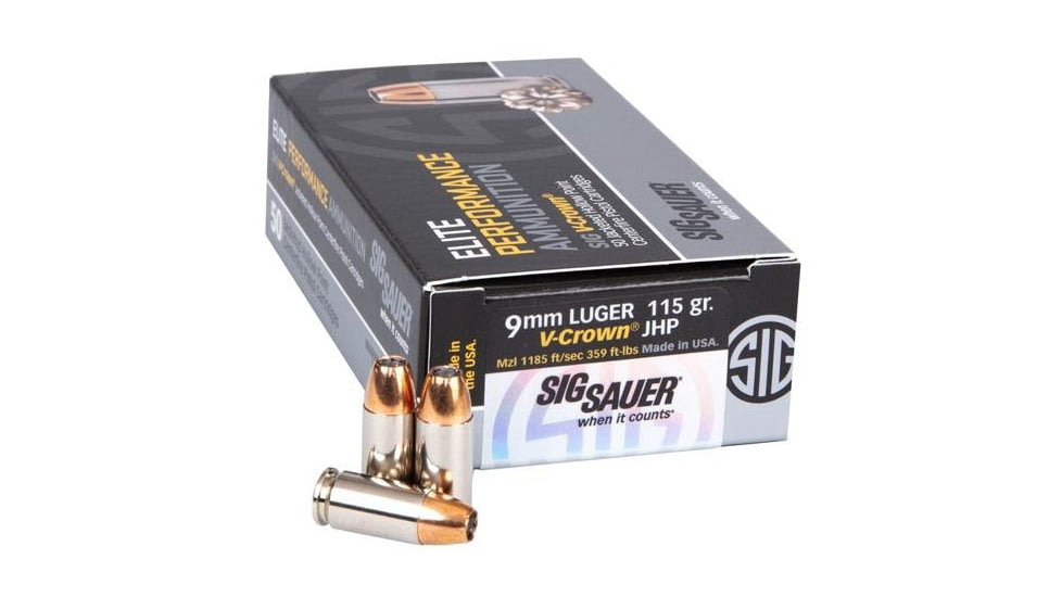 SIG SAUER Elite V-Crown 9mm Luger 115 Grain Jacketed Hollow Point Brass Cased Centerfire Pistol Ammo, 50 Rounds, E9 mmA1-50